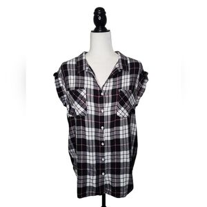 JACHS GIRLFRIEND Women's Shirt Size M Blue & Pink Plaid Short Sleeve Button Up